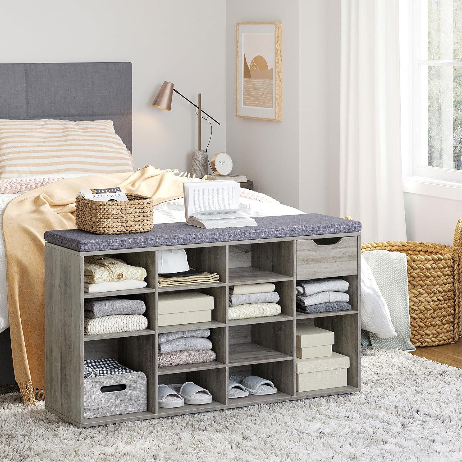 Shoe Rack Bench with Cushion 15-Cube Storage Bench Storage Cabinet for Entryway Espresso