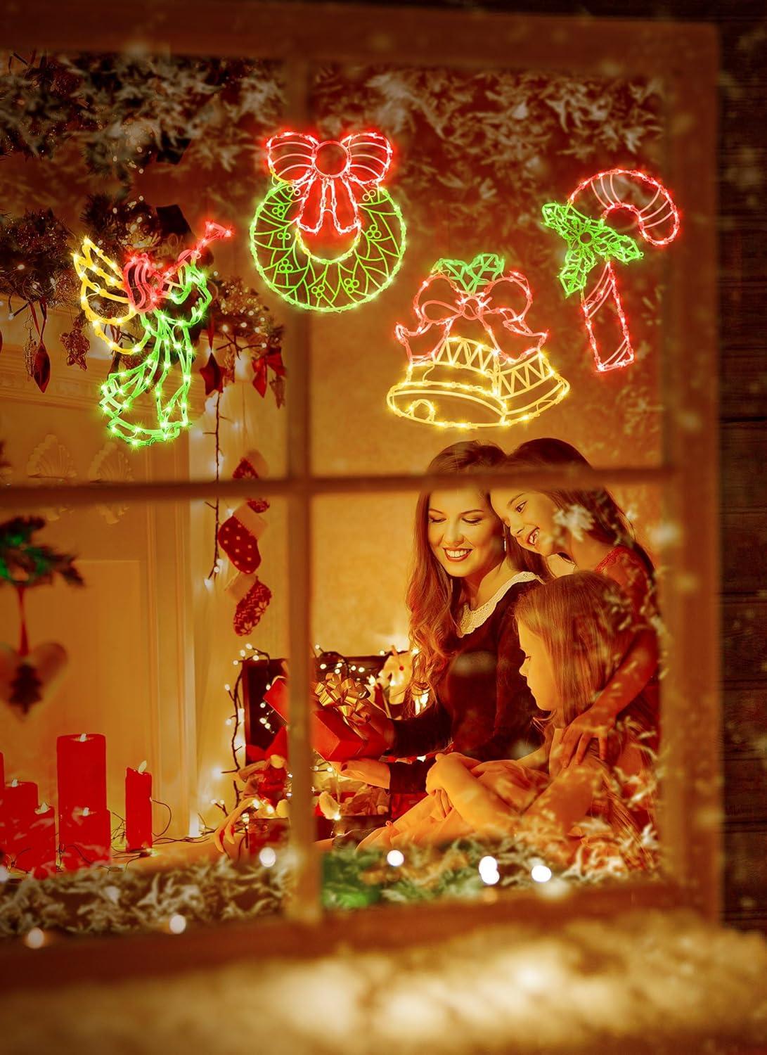 Christmas Window Silhouette Lights Decorations - Pack of 4 Sign Colour Lighted Wreath, Candy Cane, Bell, and Angel for Holiday Indoor Wall Door Glass Decor