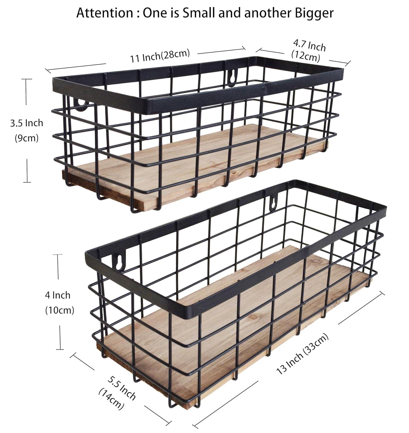 Metal Wire Basket Detachable Wood Base Storage Organizer Farmhouse Small Bins for Kitchen Cabinets, Bathroom, Pantry, Laundry Room, Closets Set of 2,Black Color
