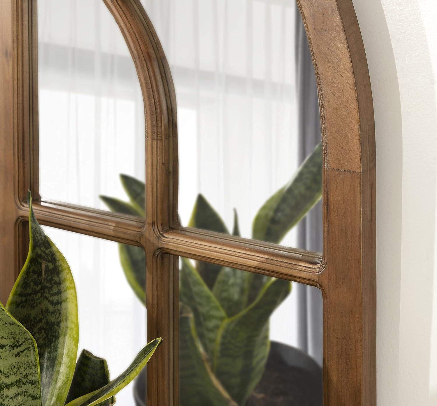 Rustic Brown Wood Arched Windowpane Wall Mirror