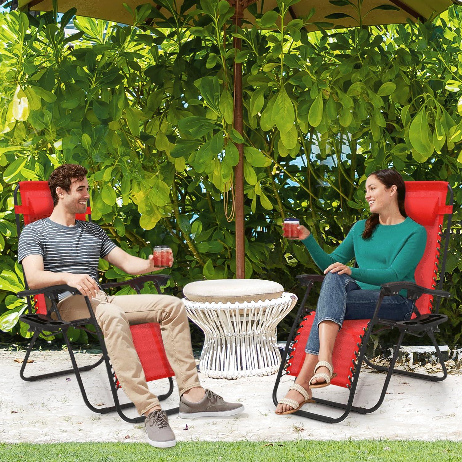MoNiBloom Zero Gravity Lounge Chairs, Outdoor Patio Folding Beach Recliners with Headrest and Foot, Red