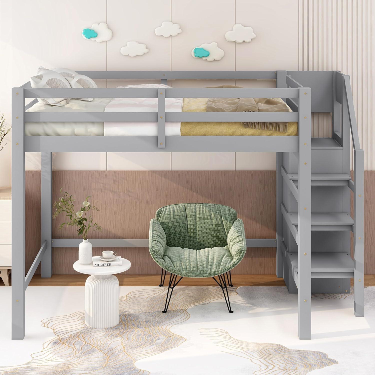 Harper & Bright Designs Full Size Loft Bed with Storage Shelves & Wardrobe, Wood Full Loft Bed Frame with LED Light for Kids Teens,Adults,Space Saving High Loft Bed,White