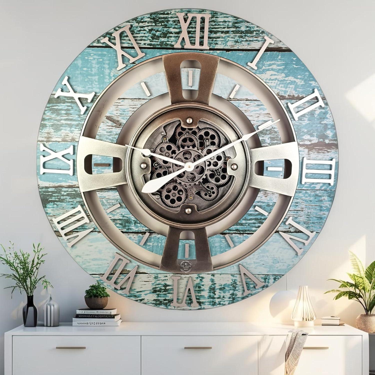 THE GEARS CLOCK Wall Clock with Real Moving Gears EN-LI_ 36 in Round Vintage-Black