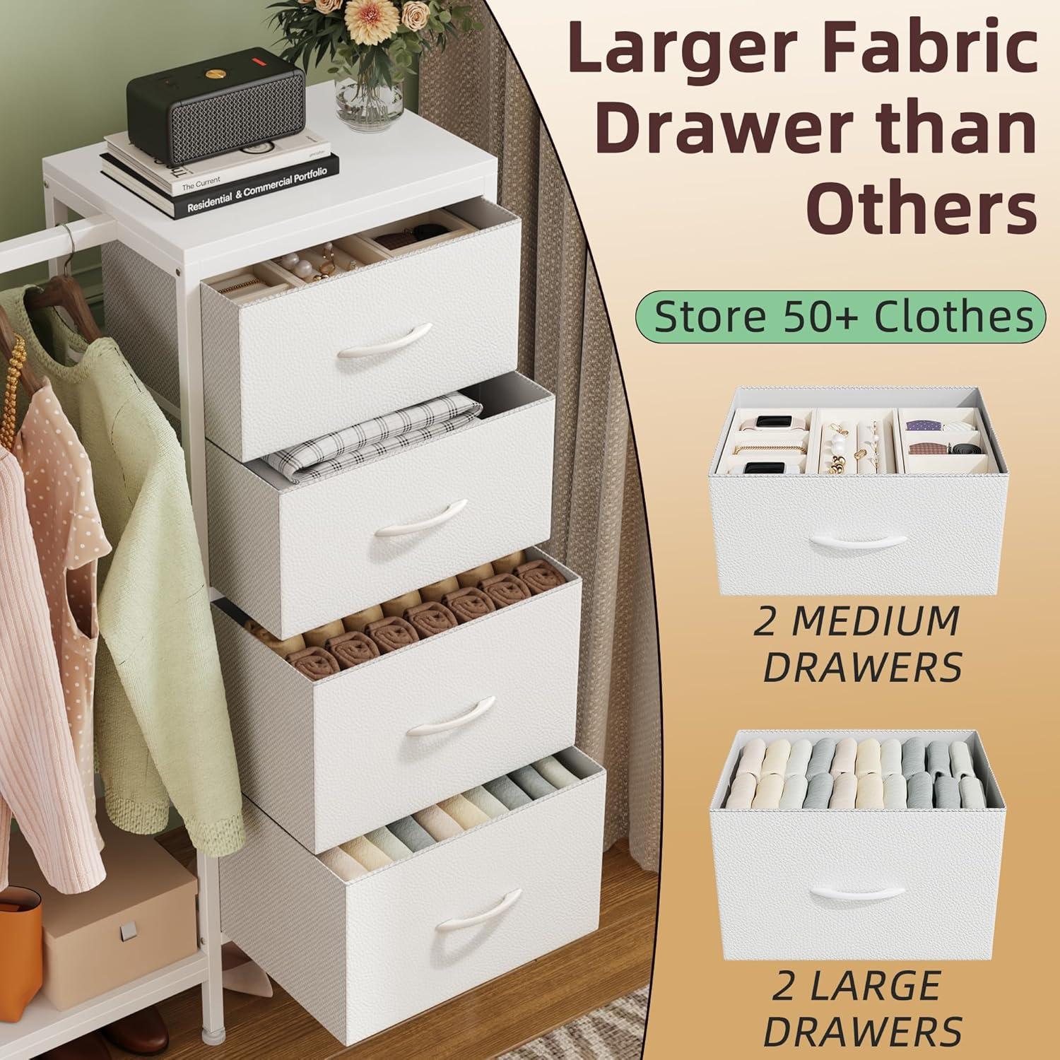 Dresser with Hanging Rack, 4 Drawers Small Closet for Bedroom, Reversible Fabric Chest of Drawers with Clothes Rack, Tall Storage Tower, Sturdy Frame, White, 44''H