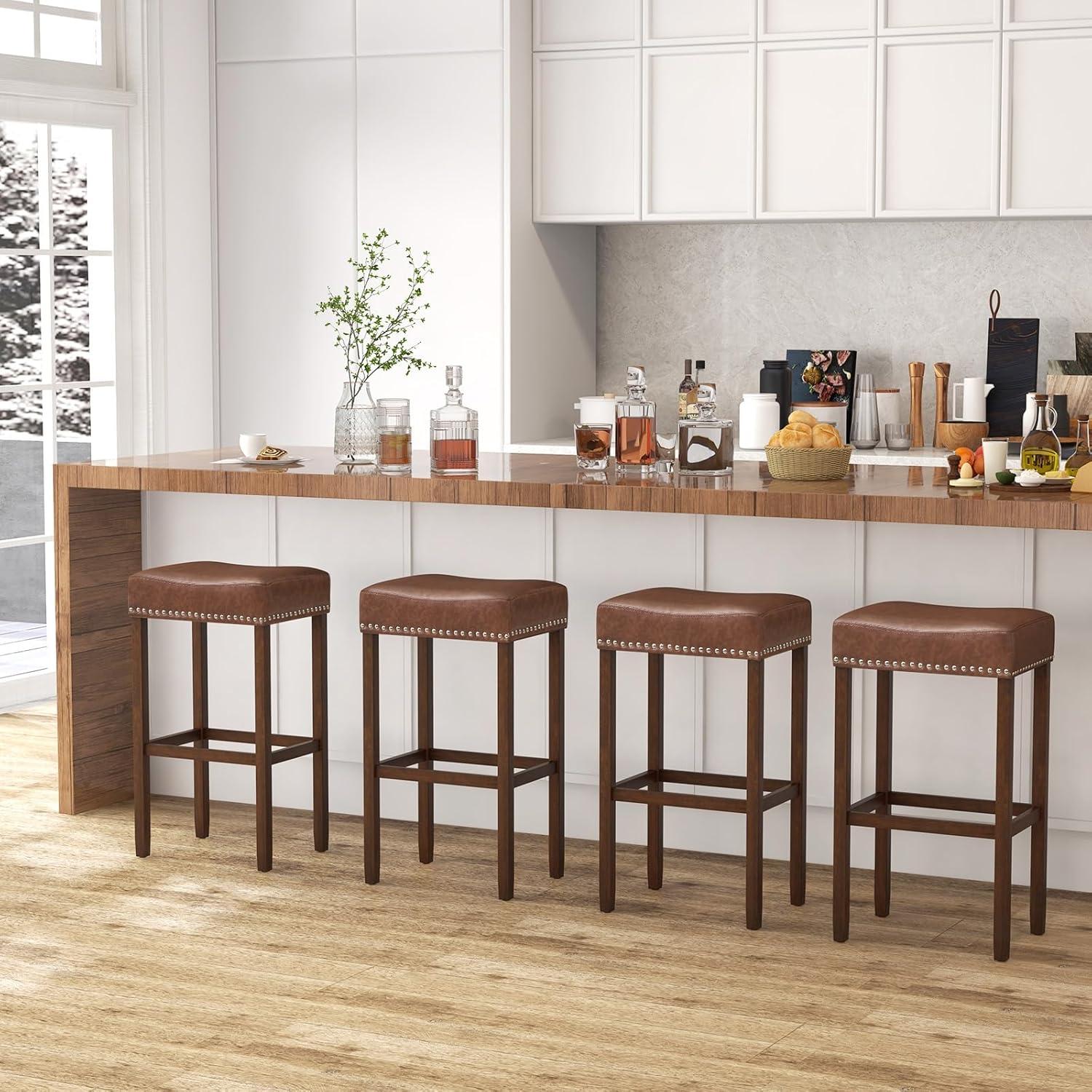 Resenkos Upholstered Bar Stools Set of 2 with Footrests for Counter-Brown, Bar Height Stools, Bar Stools for Kitchen Island for Kitchen, Dining Room