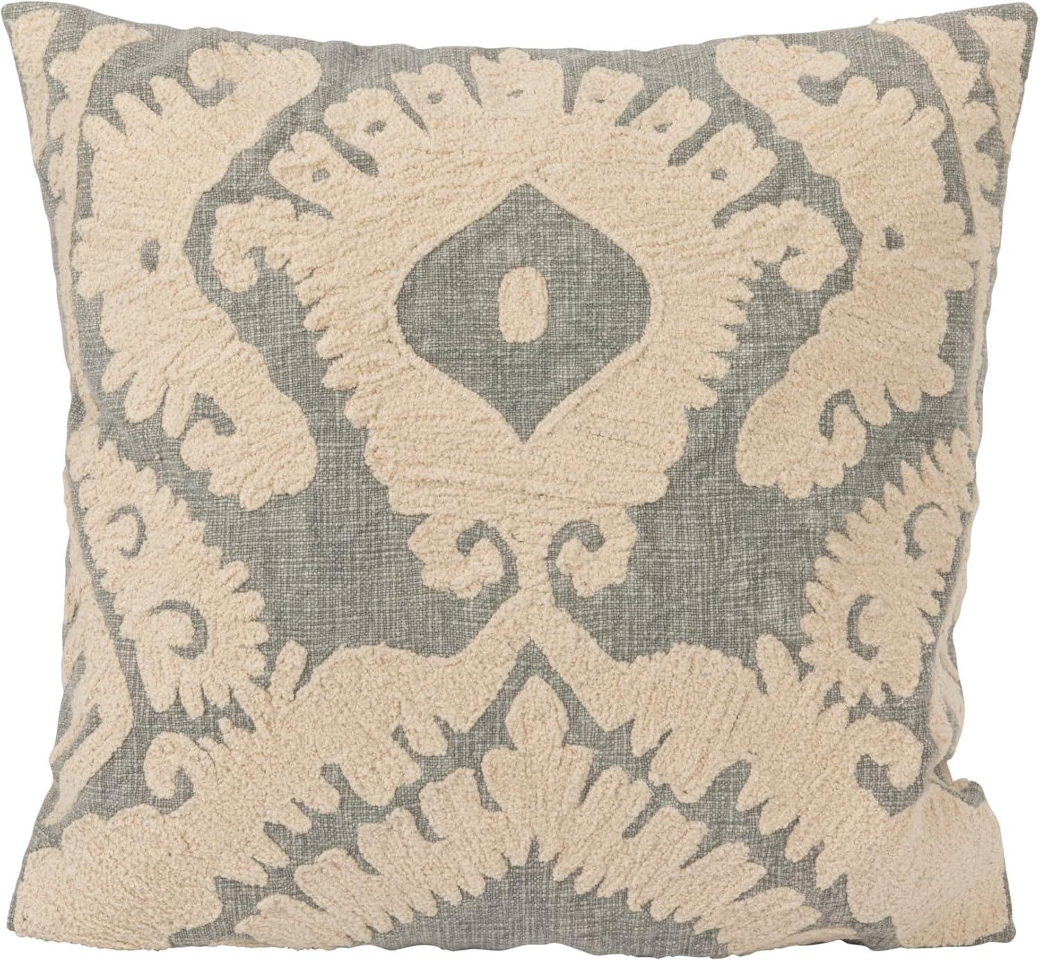 Creative Co-Op Square Cotton Slub Tufted Pillow with Damask Pattern and Chambray Back, Blue and Cream