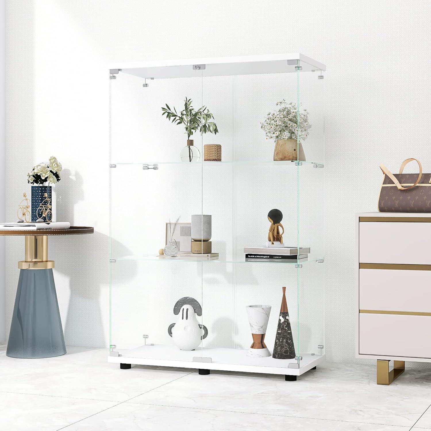 White Tempered Glass 3-Shelf Display Cabinet with Doors