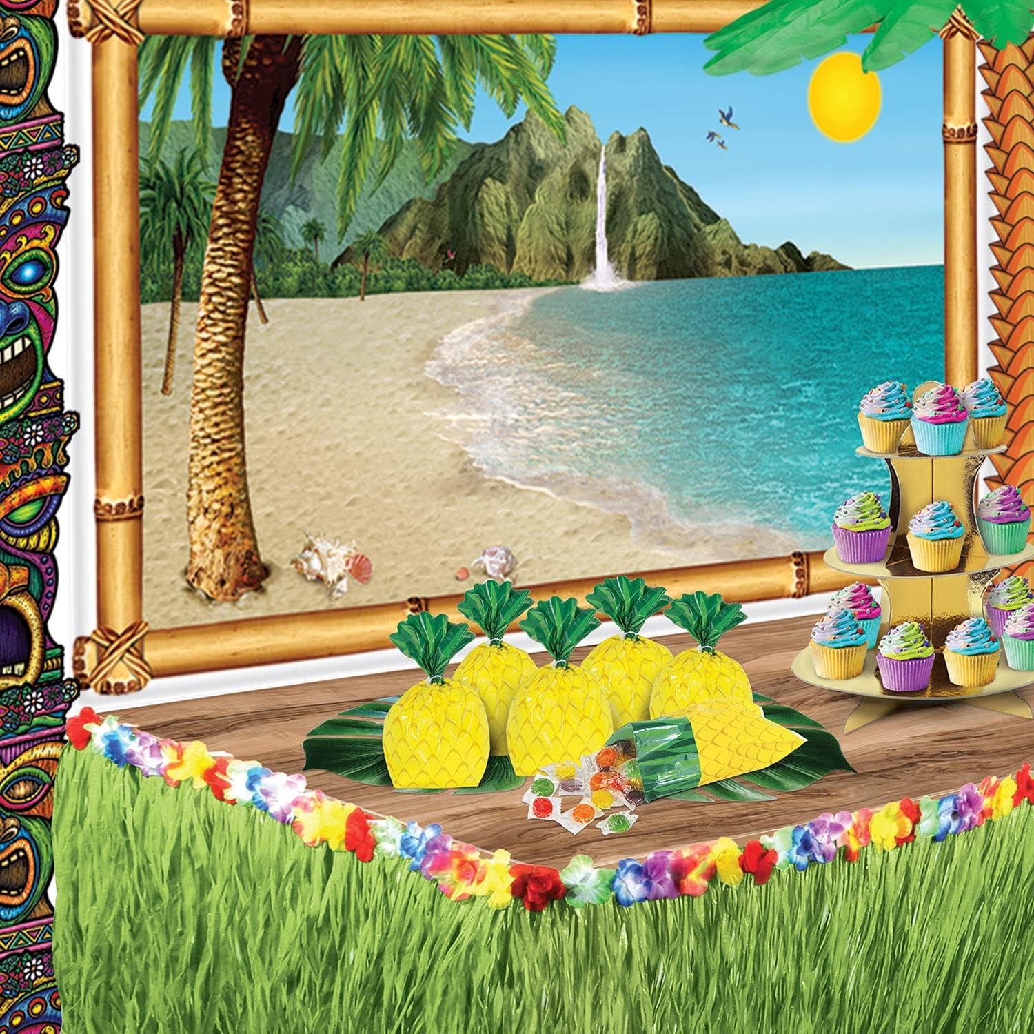Beistle 75 Piece Tropical Treat Favor Bags, 4" x 9" x 2" - Summer Luau Party Pineapple Cello Candy Holders With Twist Ties