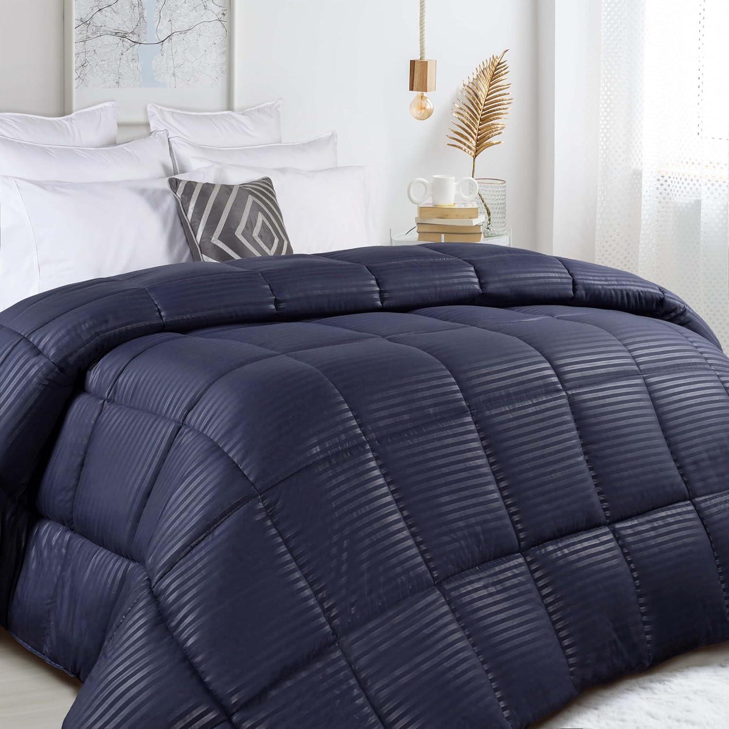 Navy Blue Striped Microfiber King Comforter with Box Quilt Design