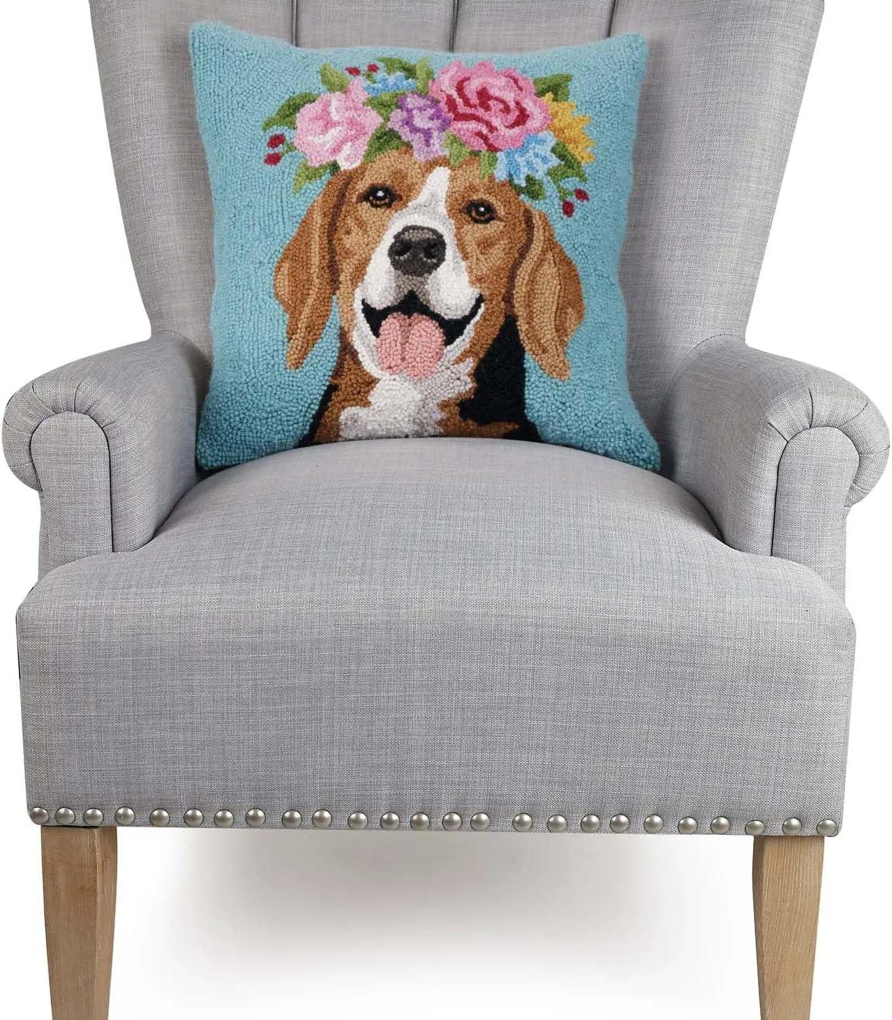 Floral Beagle Embroidered Square Throw Pillow, 18-inch, Polycotton