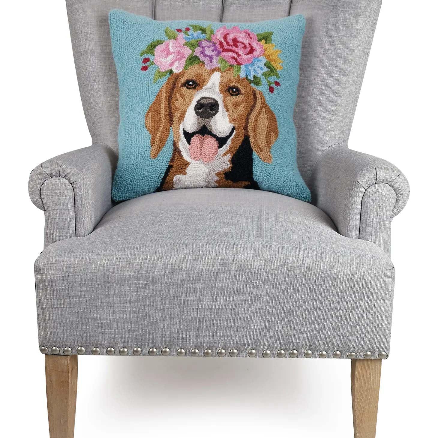 Floral Beagle Embroidered Square Throw Pillow, 18-inch, Polycotton