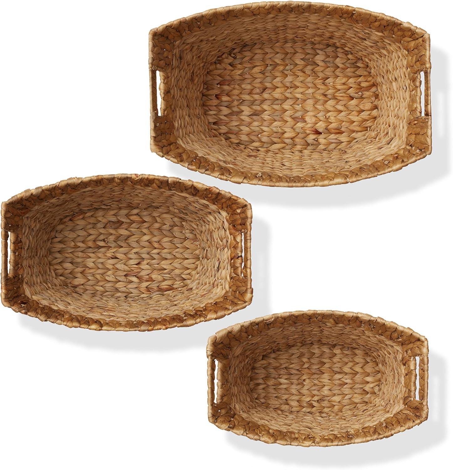 Casafield Set of 3 Water Hyacinth Oval Baskets with Handles - Natural, Woven Storage Totes for Blankets, Laundry, Bathroom, Bedroom, Living Room