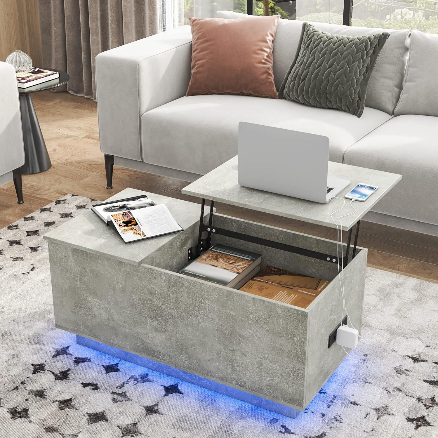 Grey Lift-Top Coffee Table with LED Lights and Storage