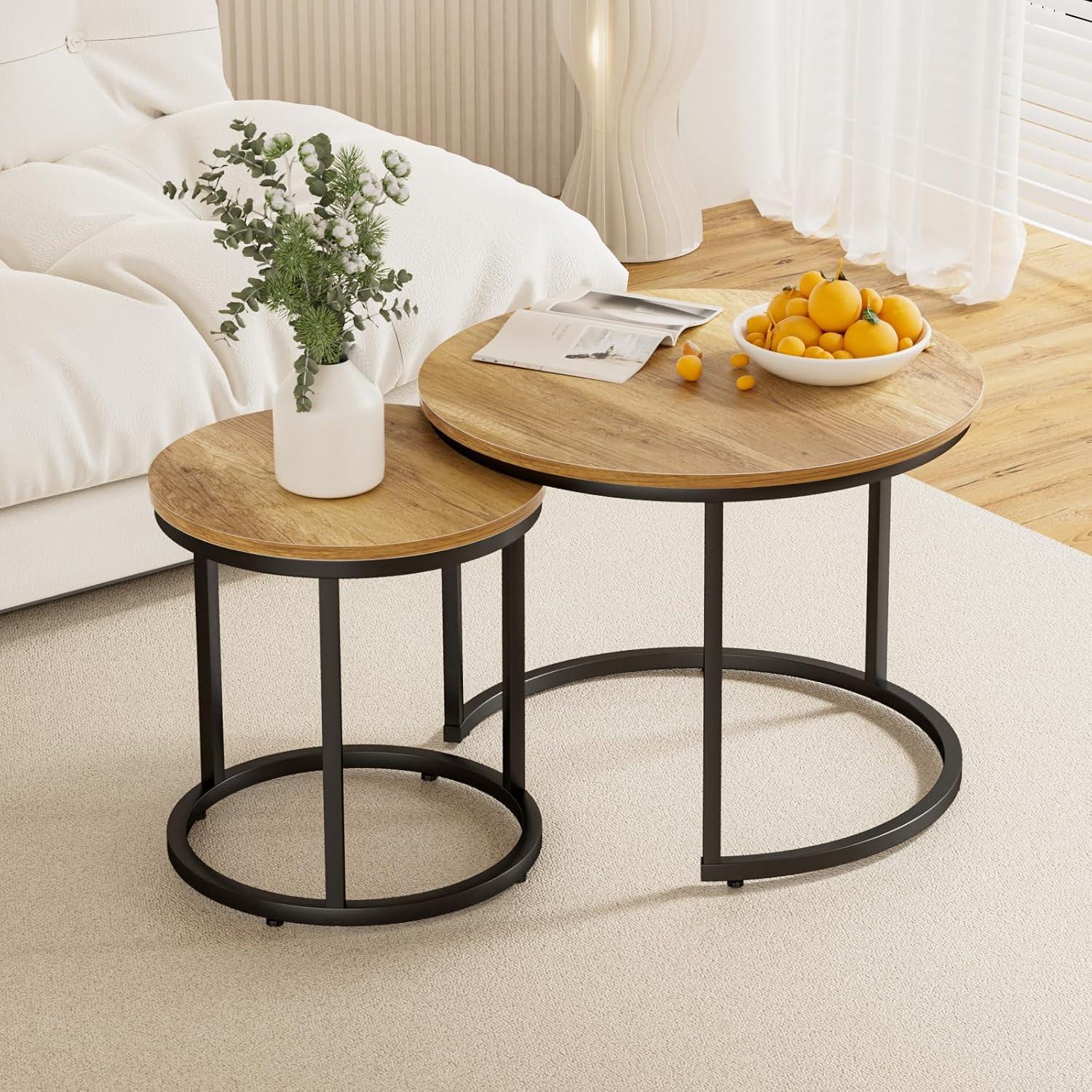 Nesting Coffee Table Set of 2, 23.6" Round Coffee Table Wood Grain Top with Adjustable Non-Slip Feet, Industrial End Table Side Tables for Living Room Bedroom Balcony Yard