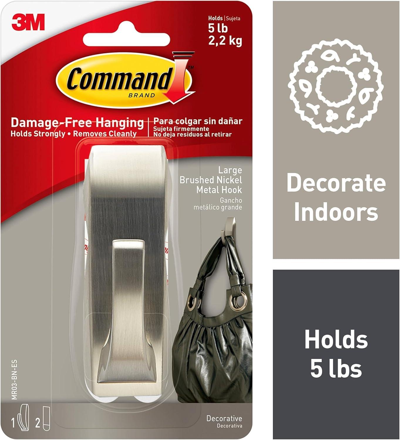 Command 2 Strips Large Sized Modern Reflections Hook Brushed Nickel: Metal Towel Hook, 5 lb Capacity, Silver