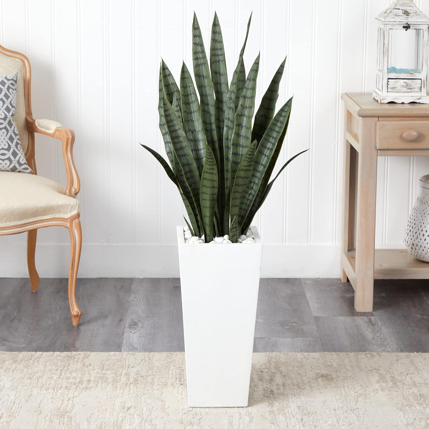 Nearly Natural 4' Plastic Sansevieria Artificial Plant in White Tower Planter, Green