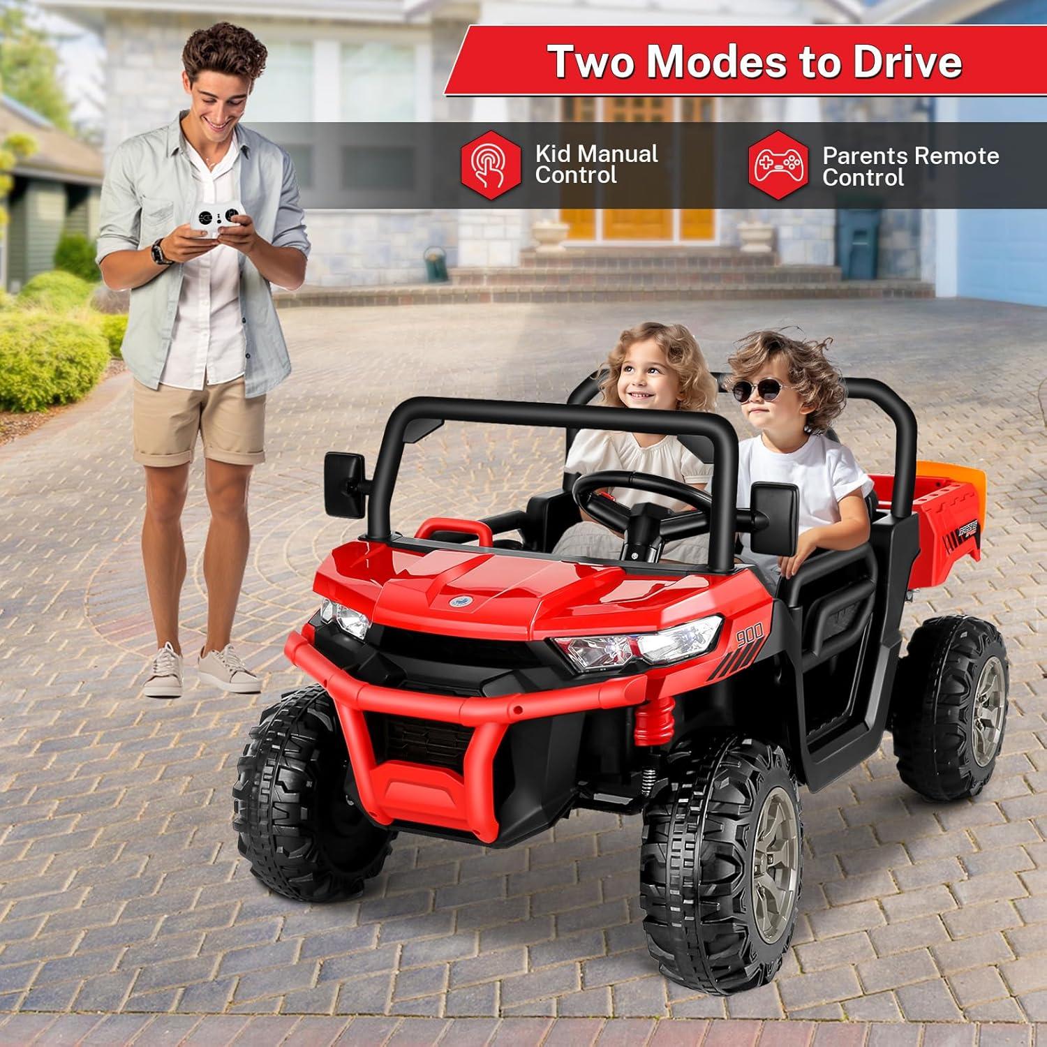 Funride 4WD 24 Volt Ride on Toys with Remote Control, 2 Seater Power Car Wheels UTV Toys, Ride on Truck Car w/ Electric Dump Bed, Shovel, Bluetooth Music