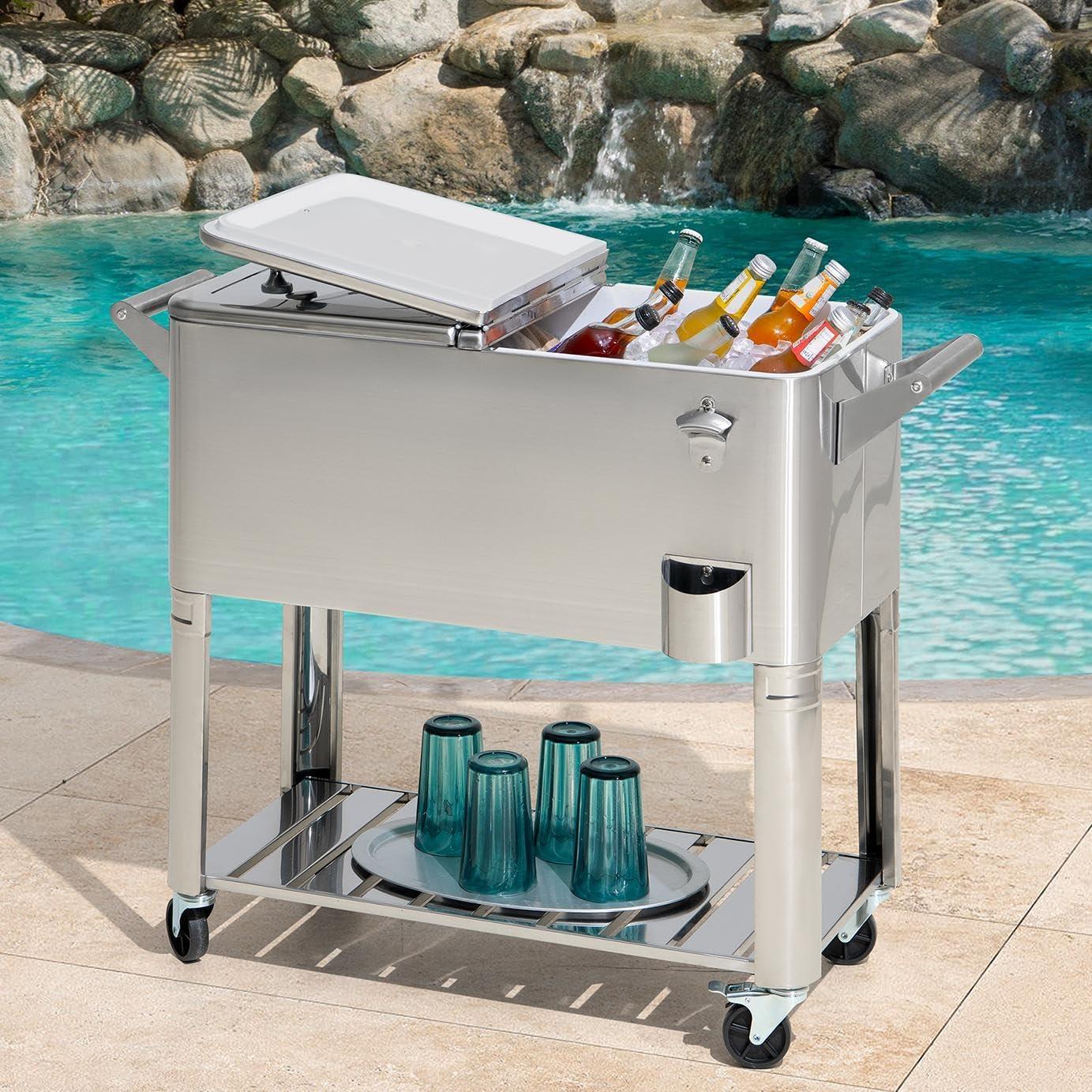 Sunjoy Sunjoy 80 Quart Patio Cooler Cart Stainless Steel Rolling Ice Chest With Steel Bottle Opener, Shelf And Lockable Wheels