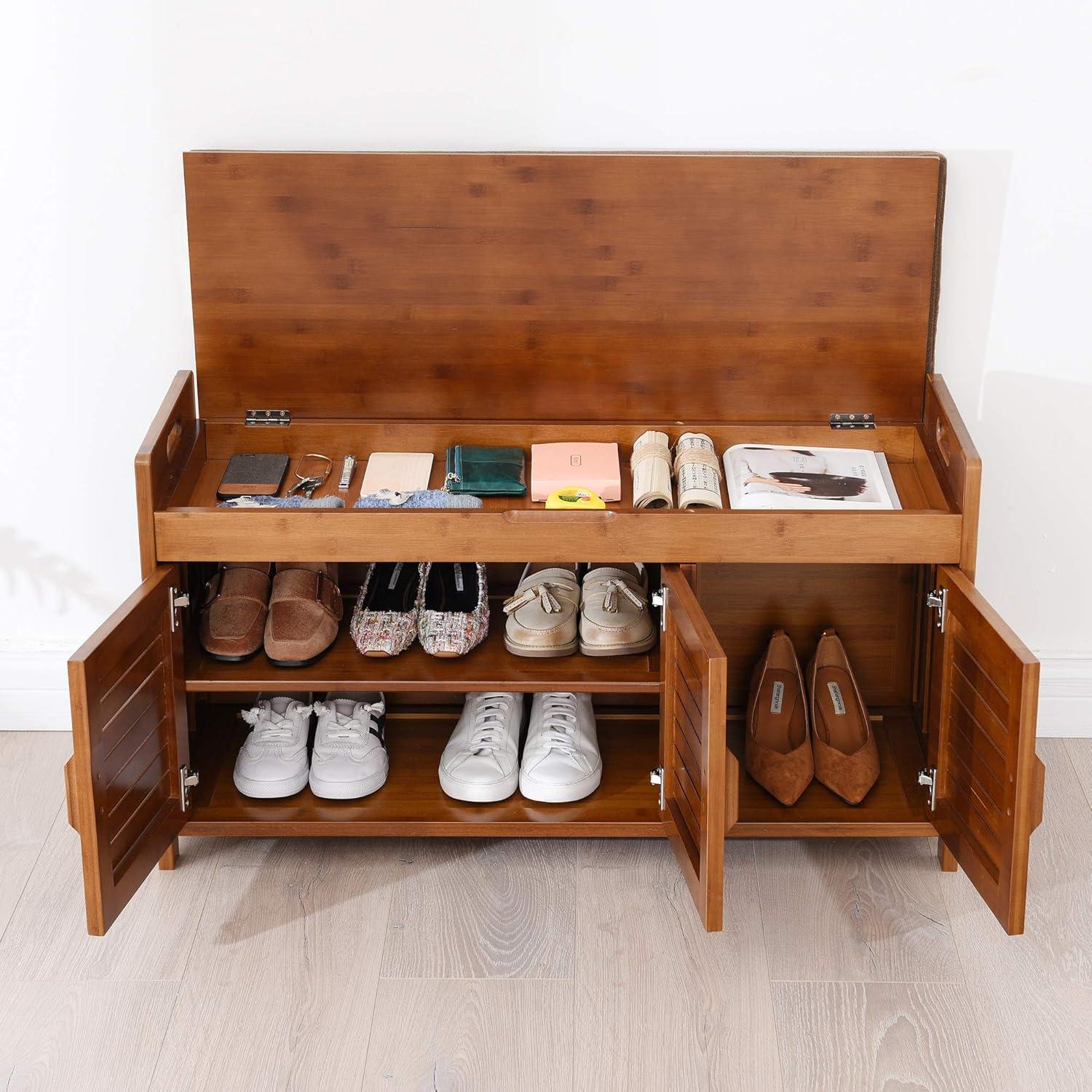 Bamboo Entryway Bench with Hidden Shoe Storage and Detachable Cushion