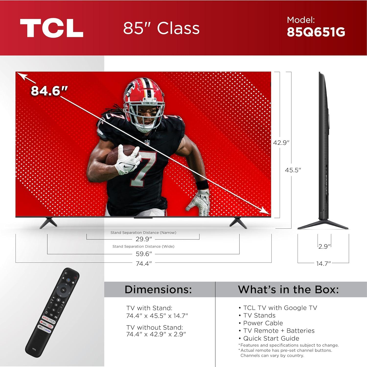 TCL 85” Class Q6 (85Q651G) 4K UHD HDR QLED Smart TV with Google TV (NEW 2024)