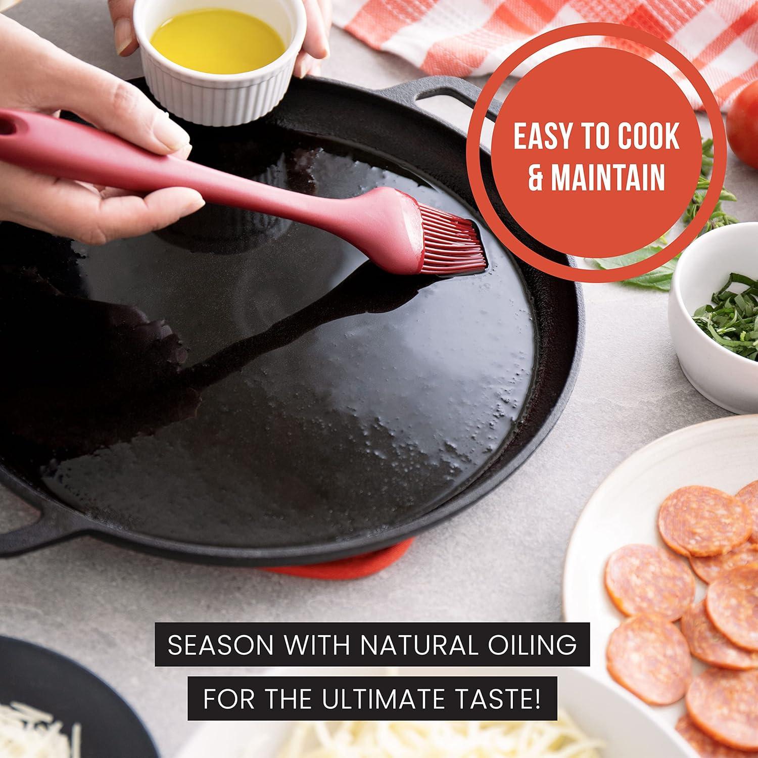 Chef Pomodoro Cast Iron Baking Pizza Pan, Pre-Seasoned with Handles - Black 12 in x 14 in x 1 in