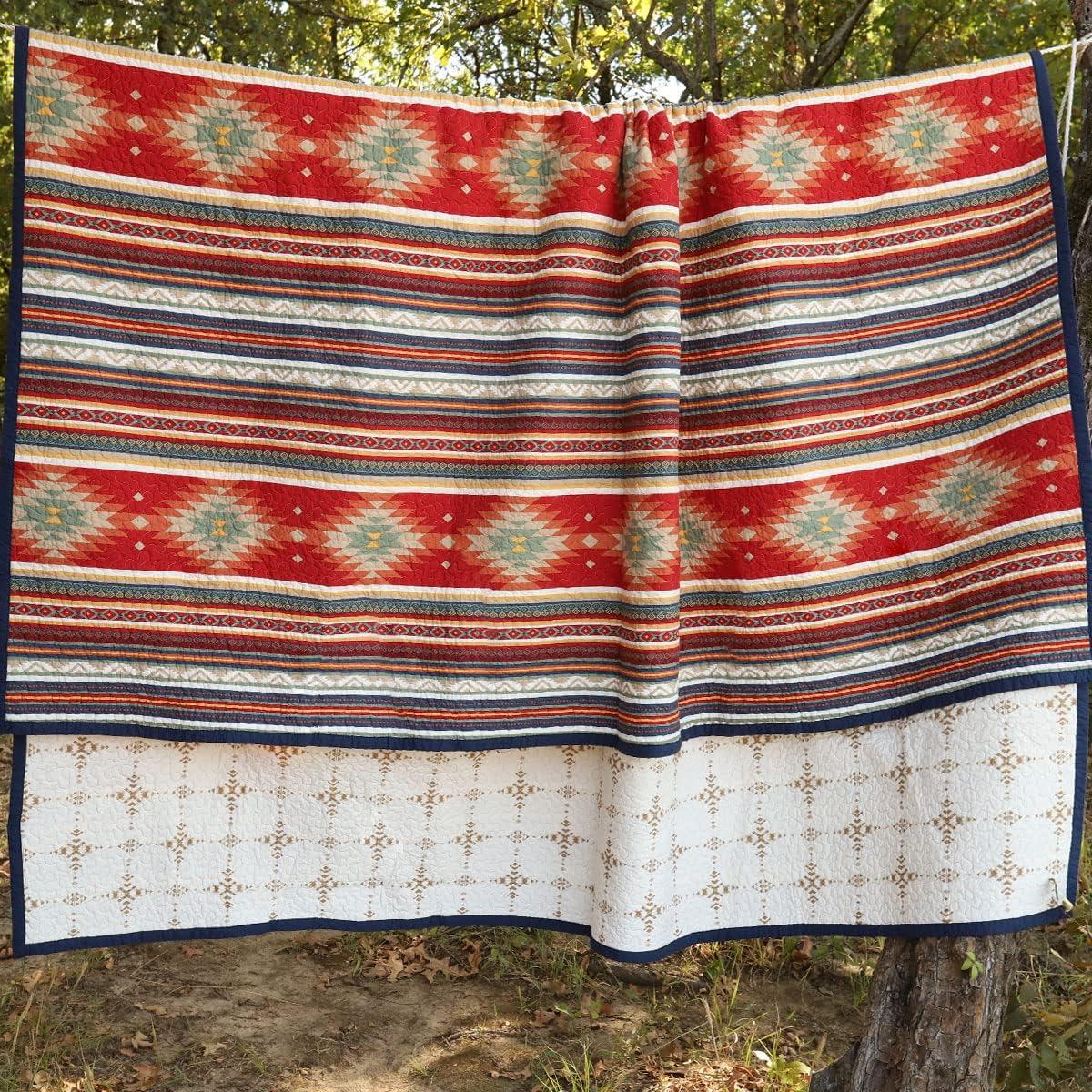 Paseo Road by HiEnd Accents Del Sol Red/Orange/Tan Aztec Print Cotton Southwestern Style Reversible Quilt Set