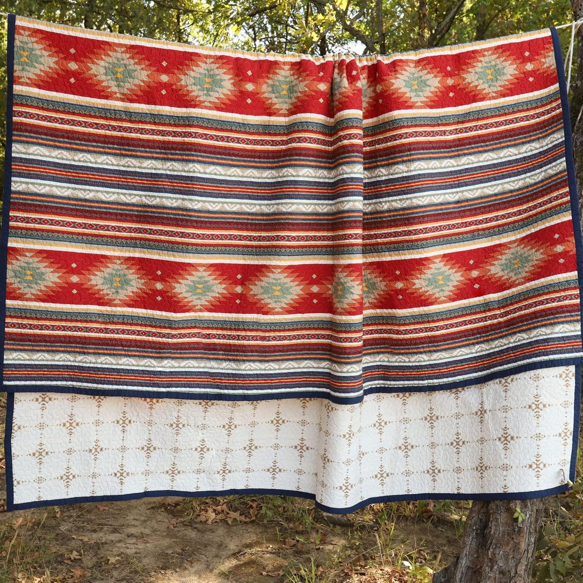 Paseo Road by HiEnd Accents Del Sol Red/Orange/Tan Aztec Print Cotton Southwestern Style Reversible Quilt Set