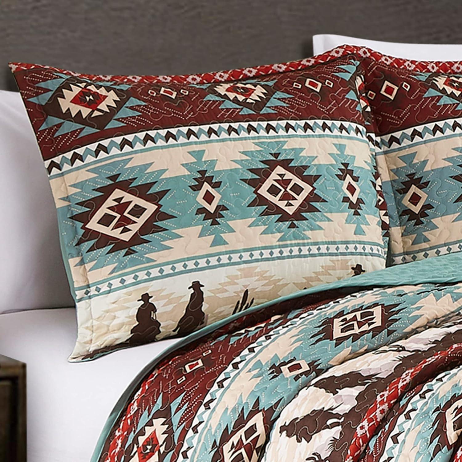 Chezmoi Collection Dune 3-Piece Southwestern Cowboys Quilt Set, Multicolor Teal Brown Beige Tan Red Printed Microfiber Bedspread, King