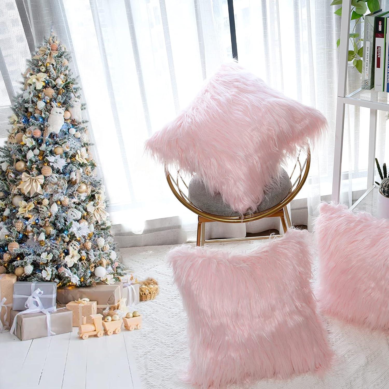 Set of 2 Fluffy Pillow Covers New Luxury Series Merino Style Blush Faux Fur Decorative Throw Pillow Covers Square Fuzzy Cushion Case 18x18 Inch