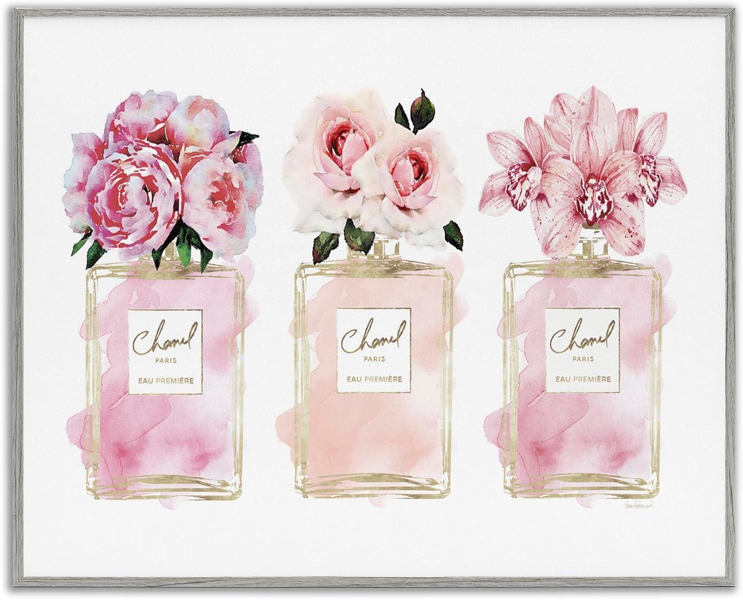 Pink Floral Perfume Bottles Canvas Wall Art in Gray Frame