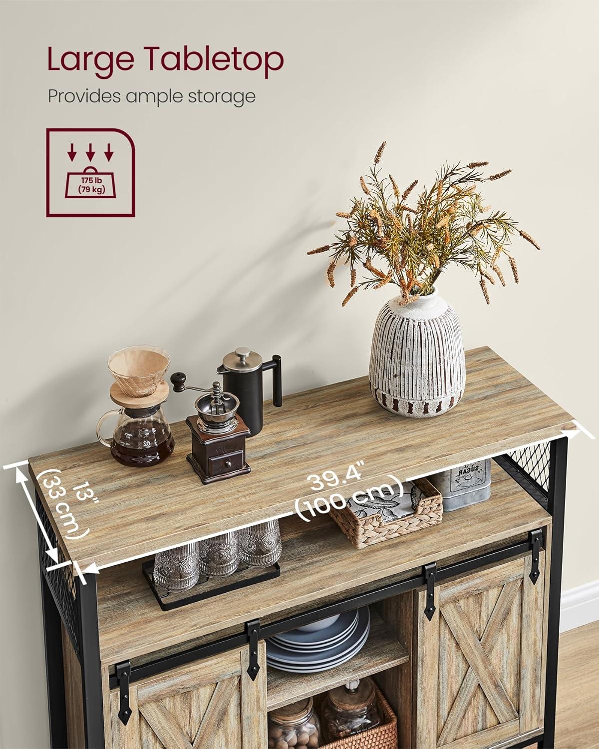 VASAGLE Buffet Cabinet, Storage Cabinet, Sideboard with 2 Sliding Barn Doors, Adjustable Shelves, 13 x 39.4 x 31.5 Inches, for Living Room, Turquoise Brown and Ink Black ULSC092B60