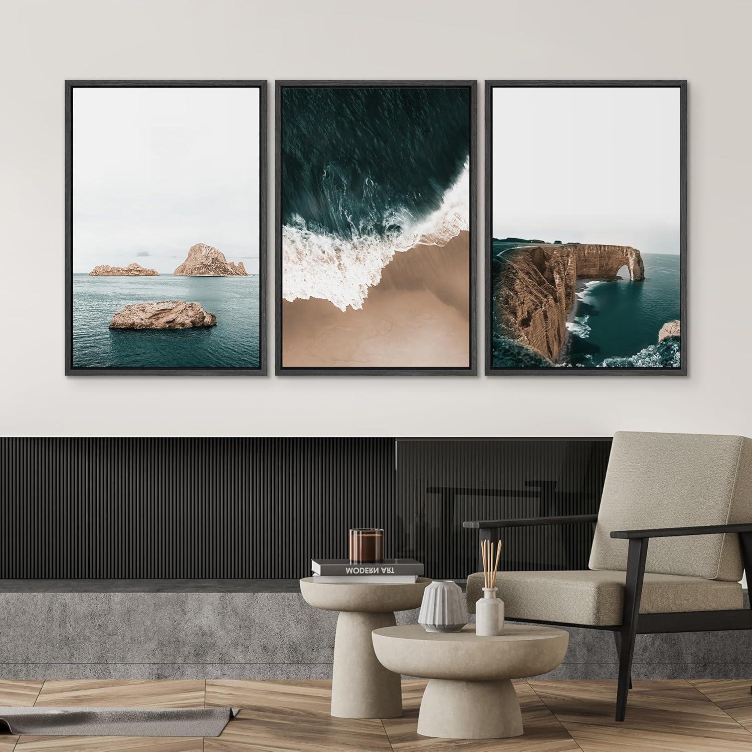 36" x 24" Black Framed Blue Ocean Canvas Print Set