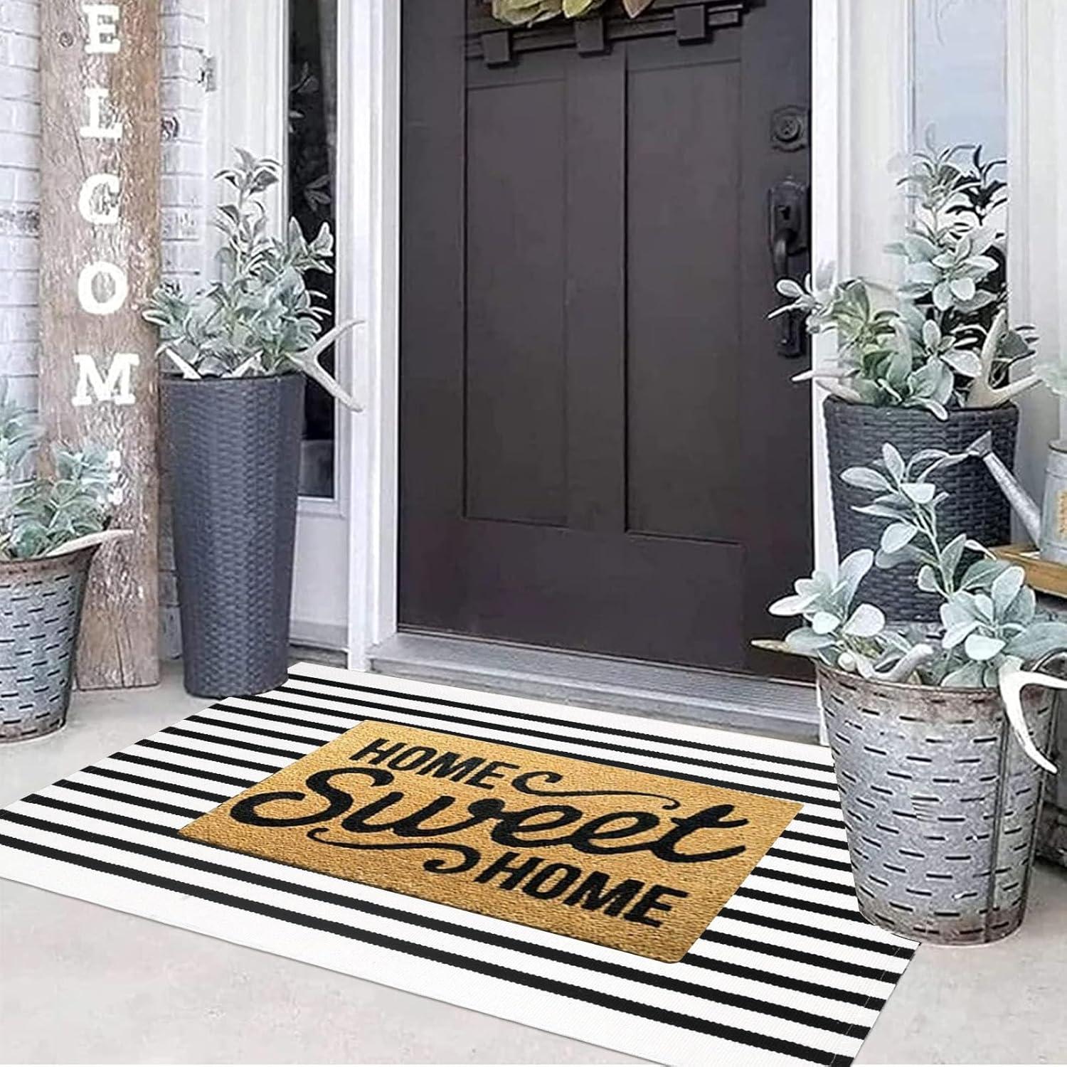 Black and White Striped Hand-Woven Outdoor Rug 24'' x 51''