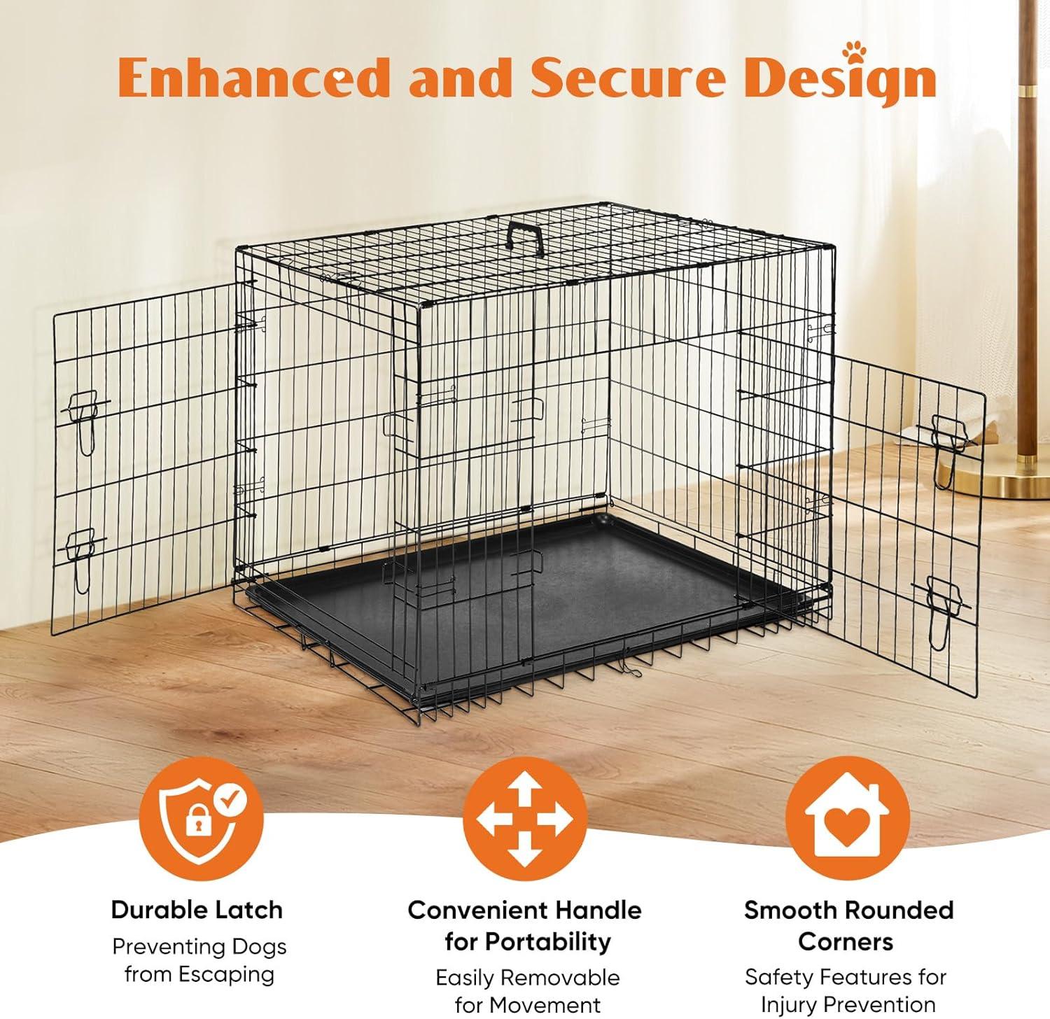 EDX Big Dog Crate with Divider Panel, 48 Inch Double Door Folding Metal Wire Dog Cage with Plastic Leak-Proof Pan Tray