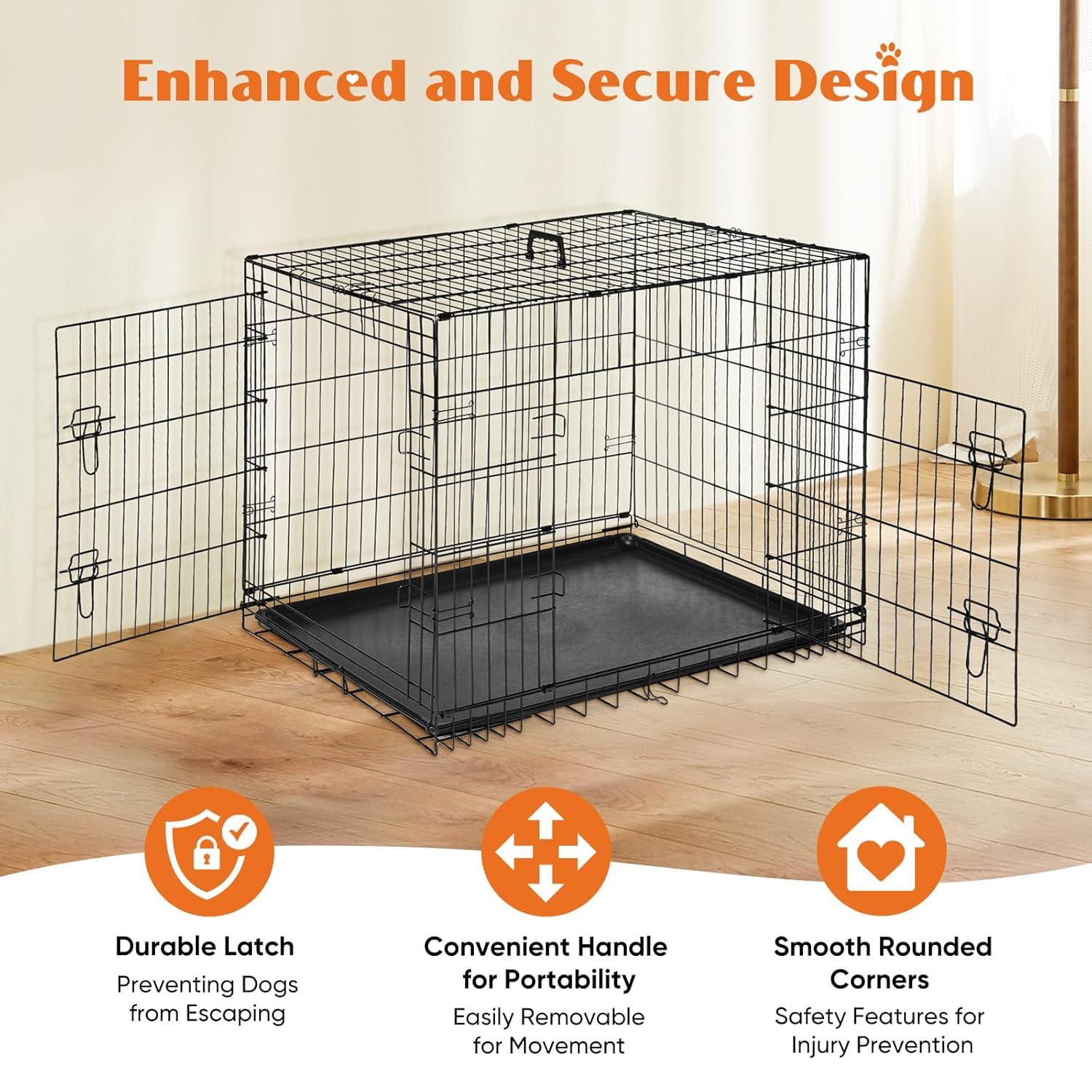 EDX Big Dog Crate with Divider Panel, 48 Inch Double Door Folding Metal Wire Dog Cage with Plastic Leak-Proof Pan Tray