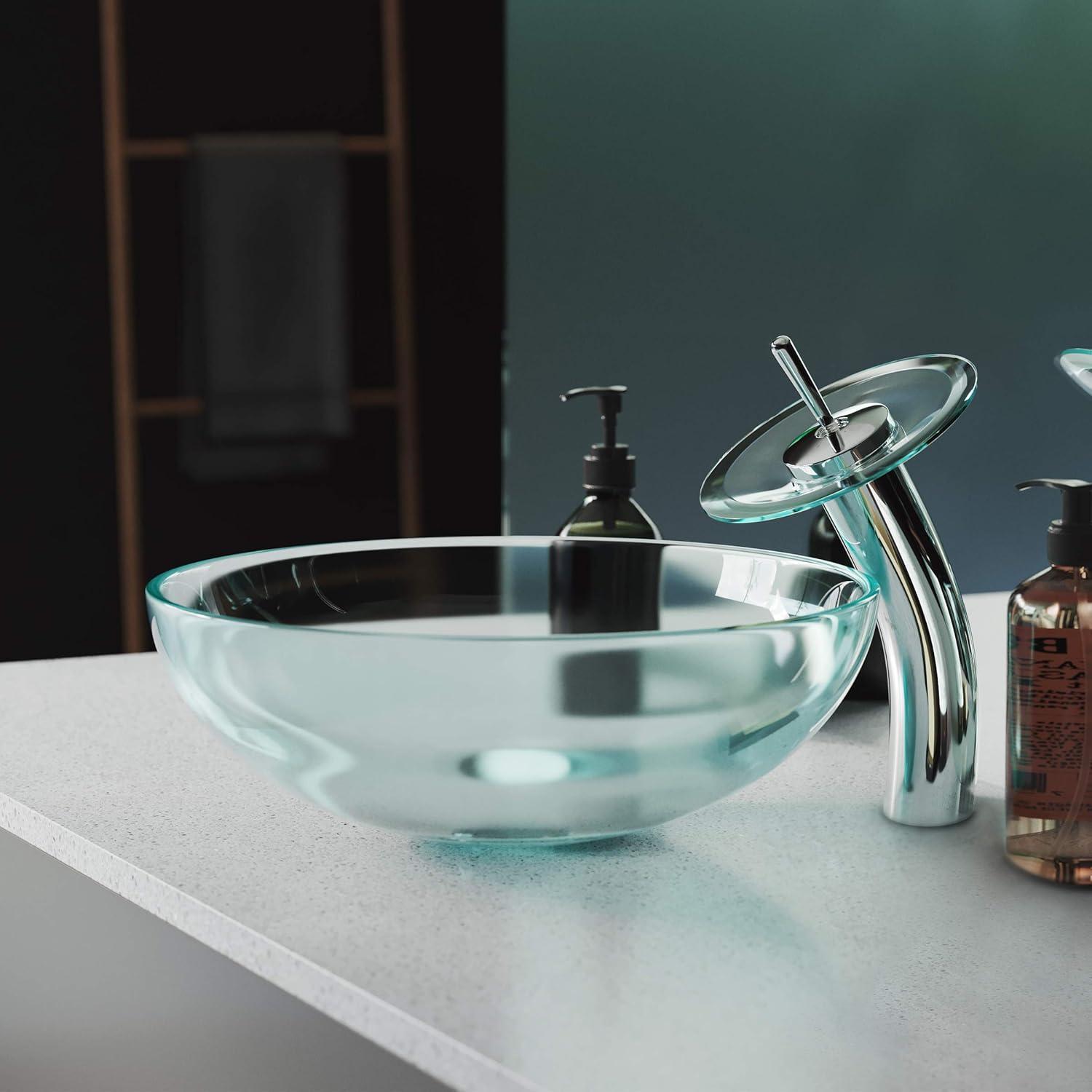 Cascade Clear Glass 16.5'' Vessel Sink with Waterfall Faucet