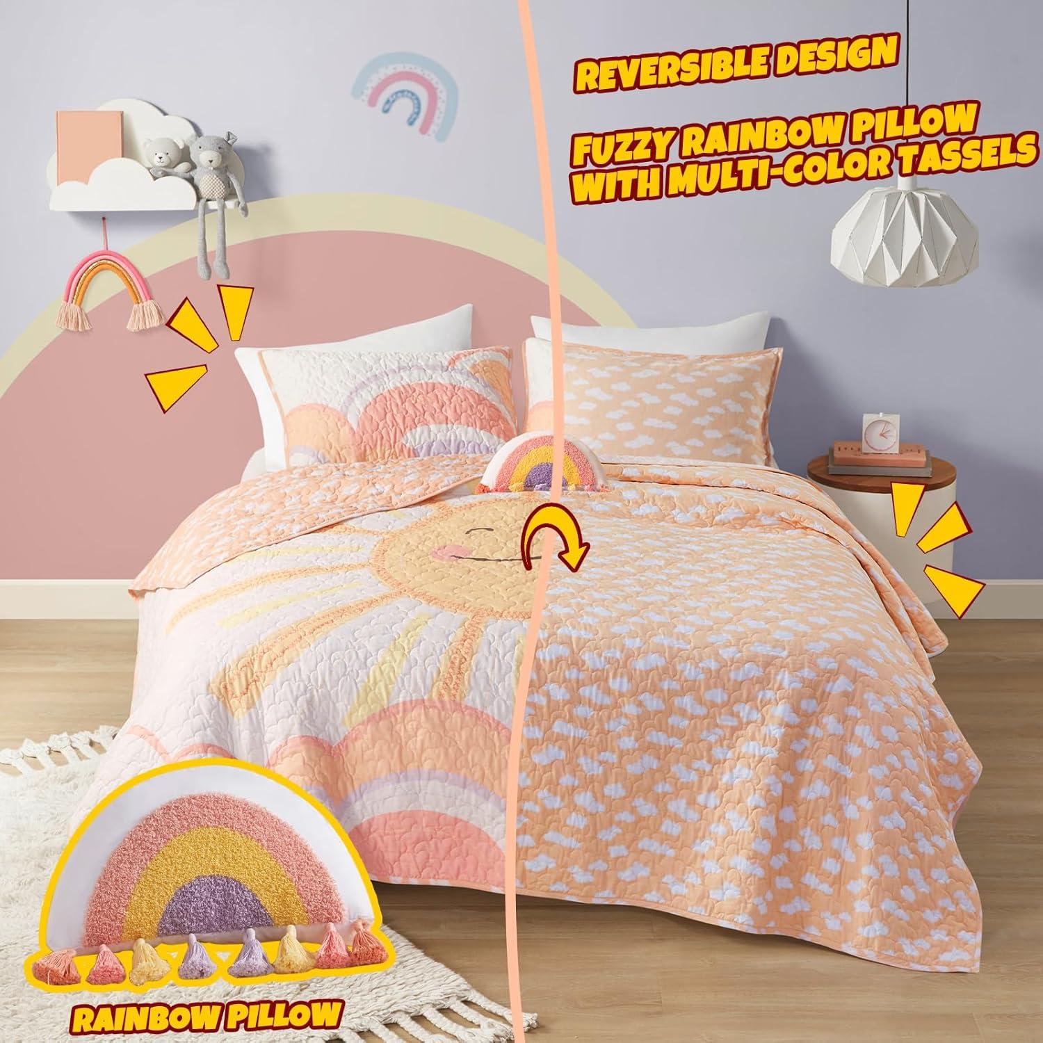Intelligent Design Kids Dawn Sunshine Clouds Yellow/Coral 100% Cotton Reversible Quilt Set Full/Queen