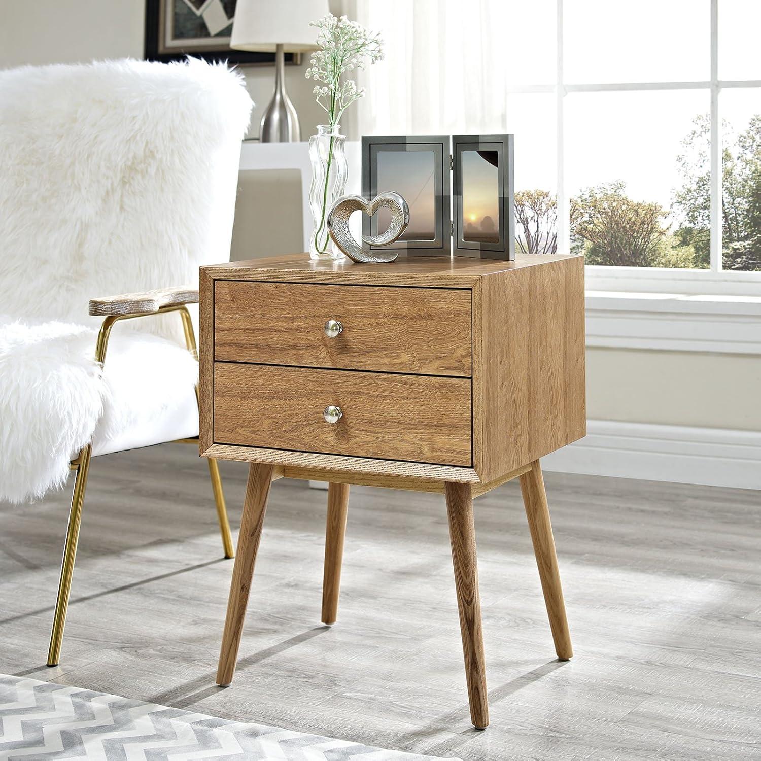 Mid-Century Modern Natural 2-Drawer Nightstand with Polished Metal Knobs