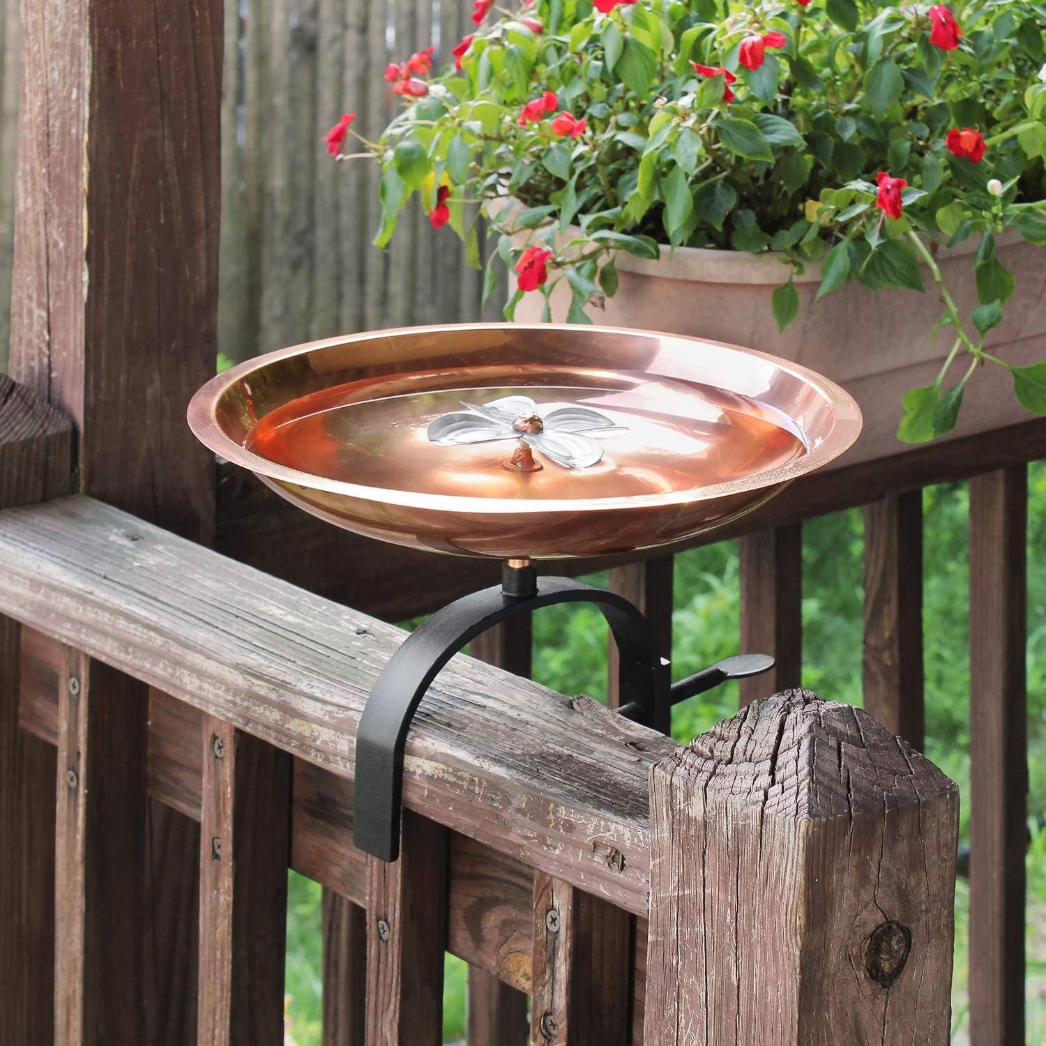 Copper and White Metal Dogwood Railing Mount Birdbath