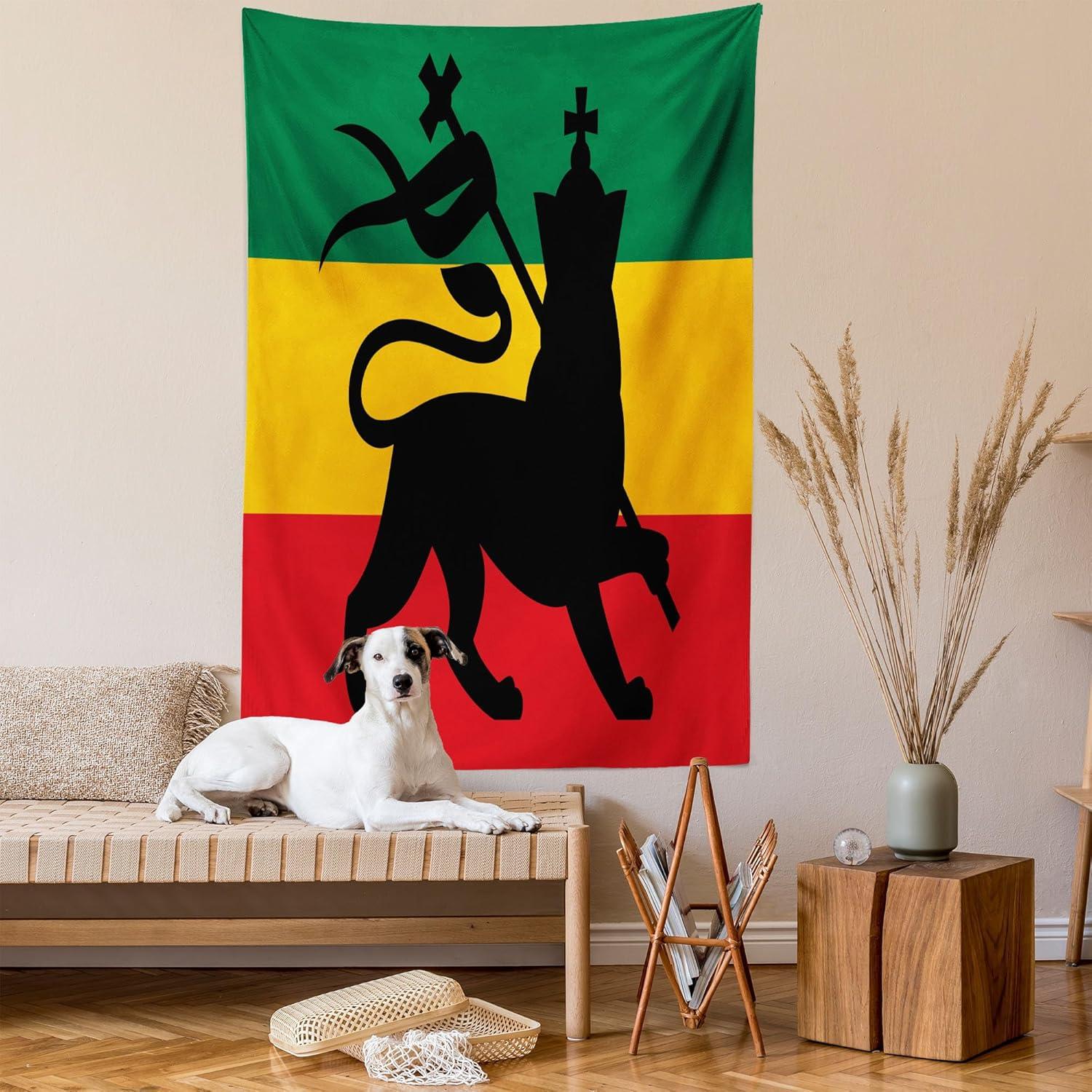 Rasta Tapestry, Rastafarian Flag with Judah Lion Reggae Music Inspired Design Image, Wall Hanging for Bedroom Living Room Dorm Decor, 60W X 80L Inches, Black Red Green and Yellow, by Ambesonne