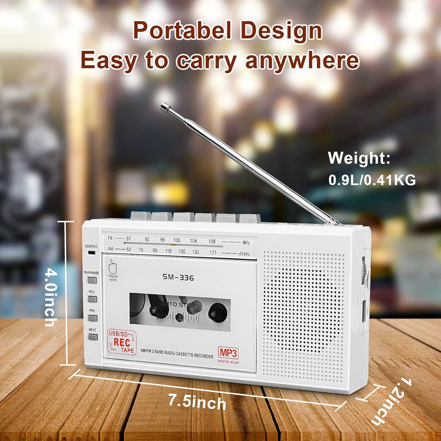 Small Cassette Player Recorder, Cassette to Digital Converter via USB or Micro SD Card, Powered by AC or 4 AA Battery, AM FM Radio Tape Recorder with Build-in Speaker and Earphone Jack