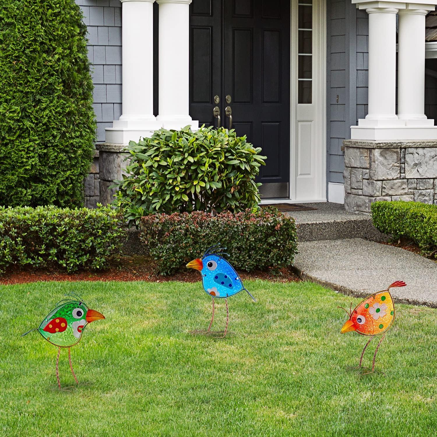 Handmade Colorful Glass and Iron Bird Statues Set