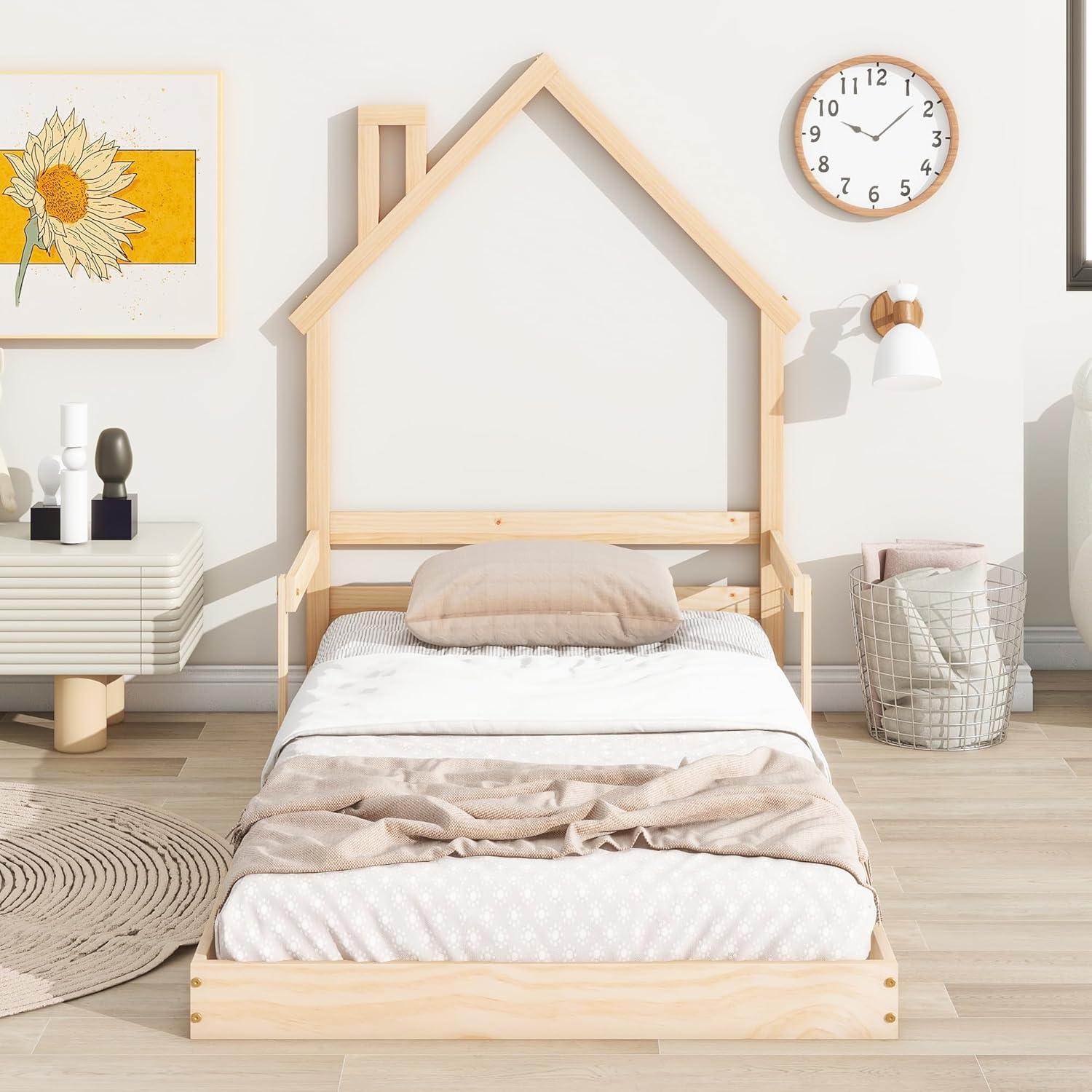 Sesslife Twin Bed Frame with House-Shape Headboard, Wood Platform Bed with Guardrail for Kids Teens, Cute Floor Bed with Strong Wood Slats Support, Easy Assembly, No Box Spring Needed, Oak
