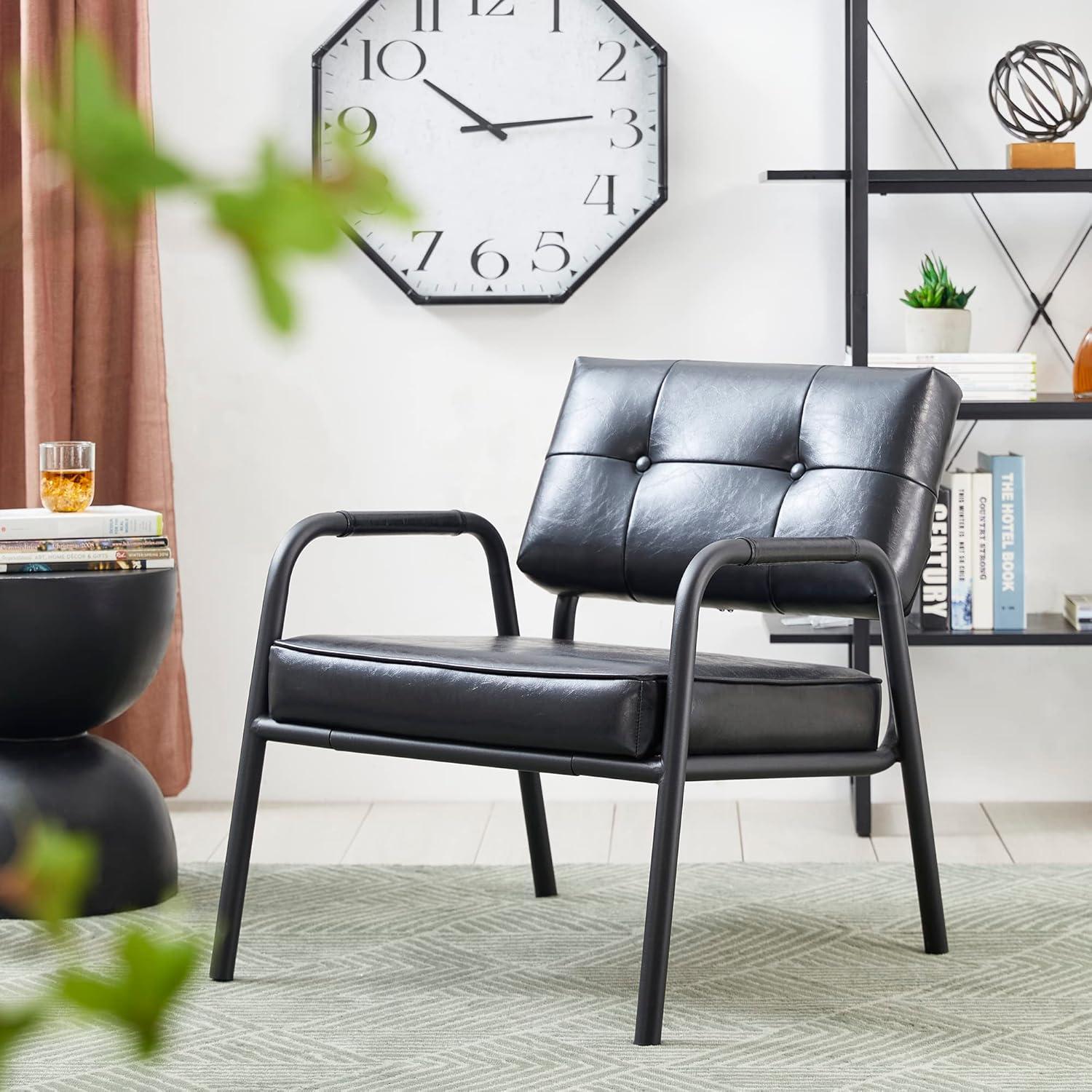 Mid-Century Modern Leatherette Arm Accent Chair Frosted Black Metal Frame Black - Glitzhome