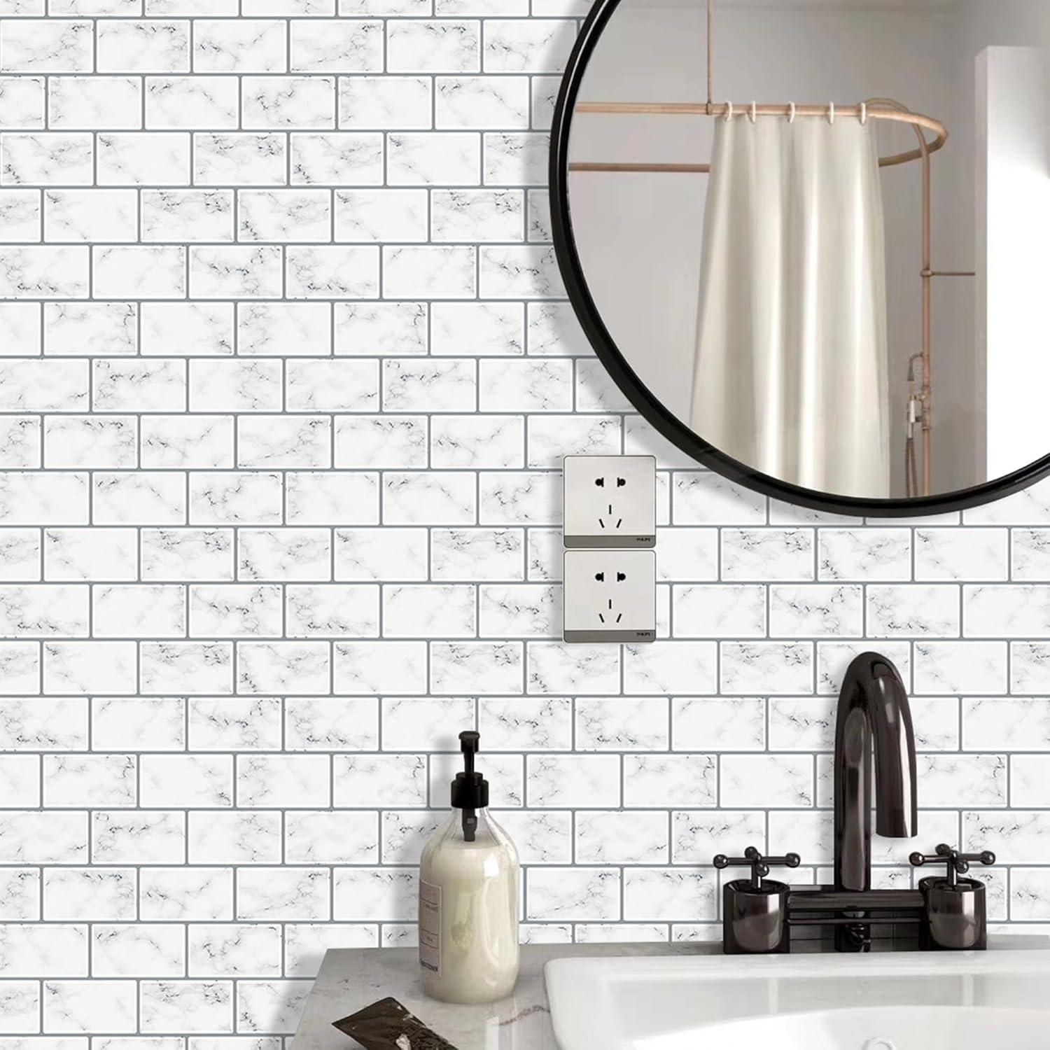 12" x 12" Vinyl Backsplash White Marble Peel & Stick Subway Tile