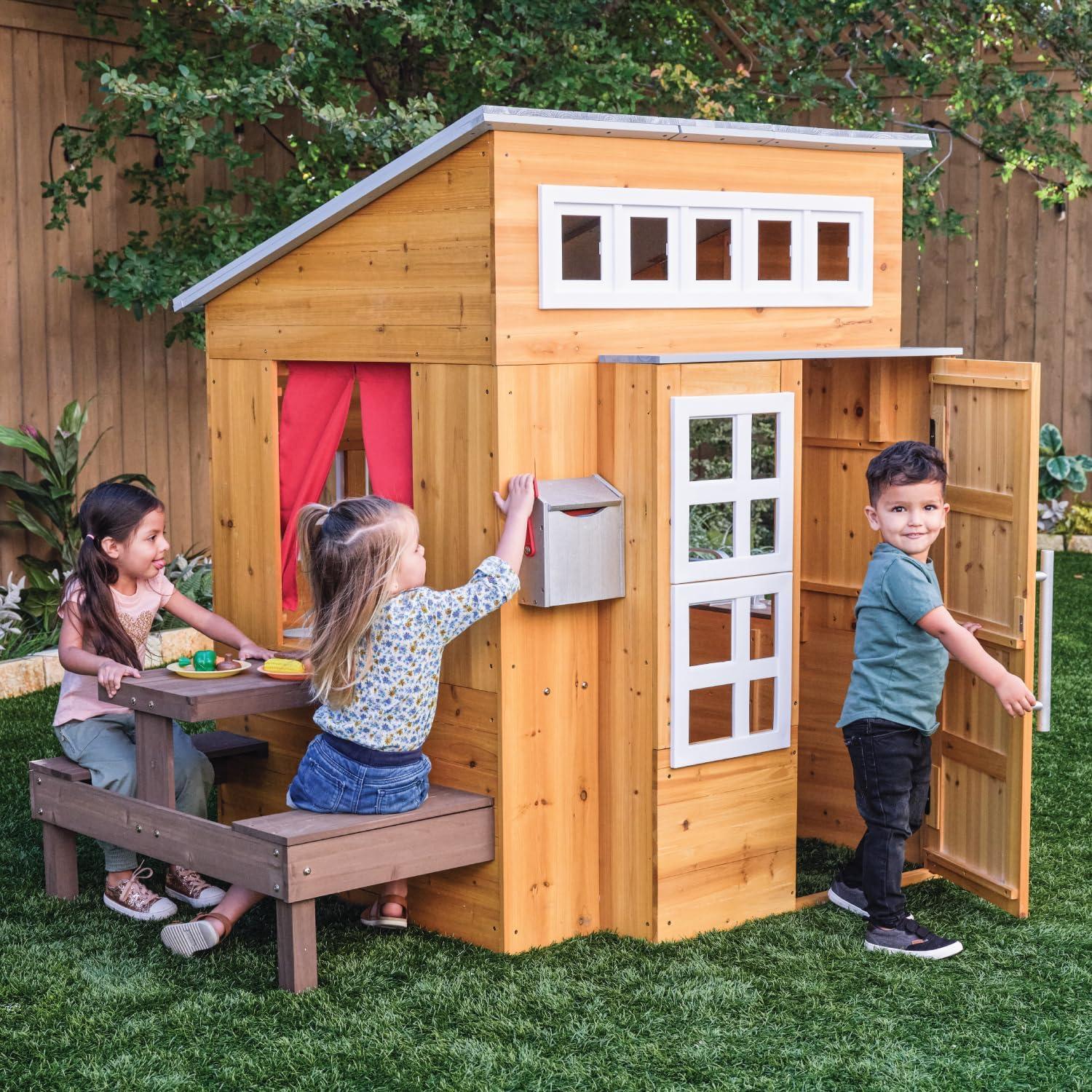 KidKraft Modern Outdoor Wooden Playhouse with Picnic Table