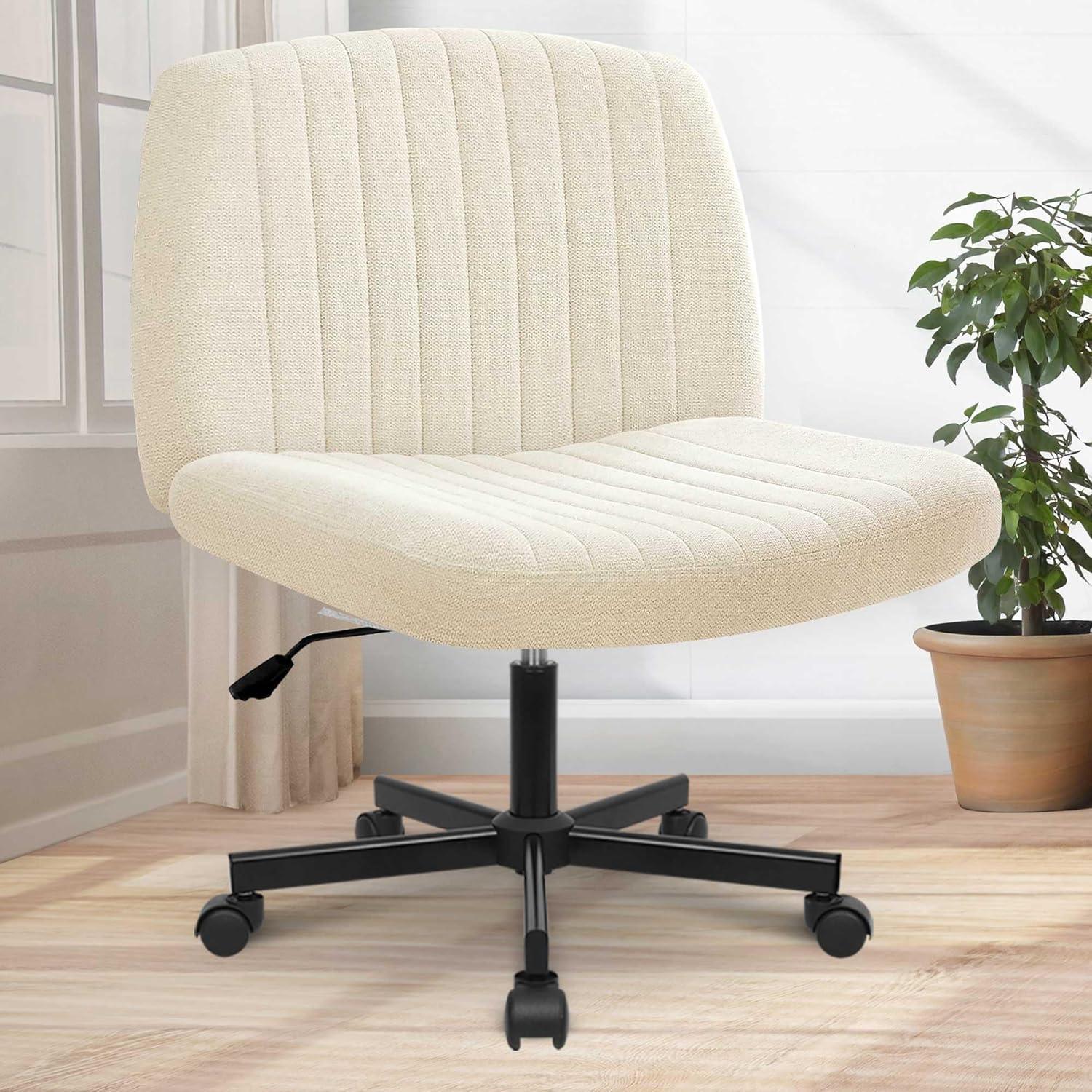 ORANGE FACTORY Criss Cross Legged Home Desk Chair Wide Armless with Wheels Swivel Padded Fabric Chair, Beige