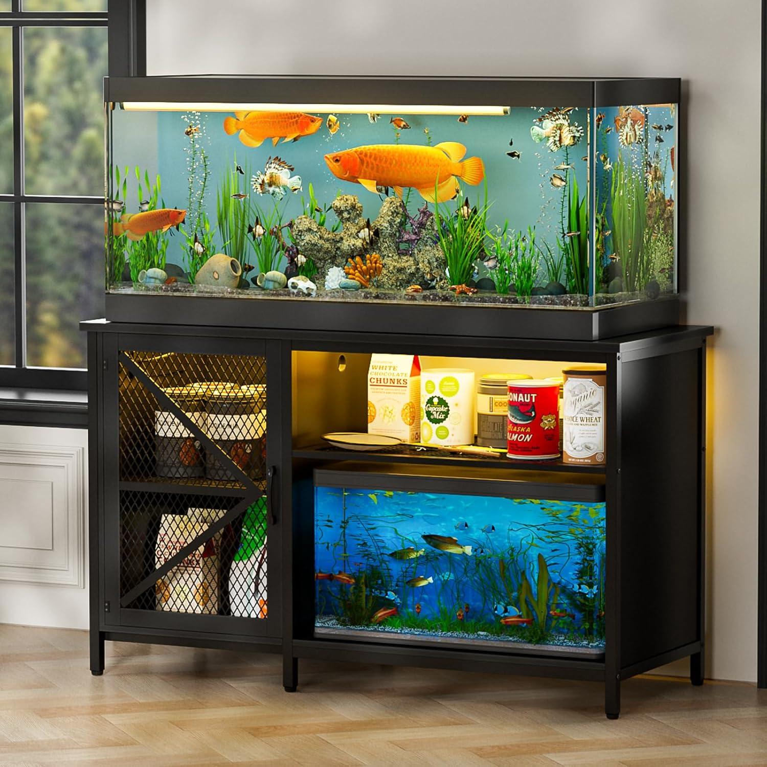 Bestier 55 Gallon Fish Tank Stand Metal Aquarium Stand with Storage Cabinet & Power Outlets LED Light, 750lbs Capacity, Black