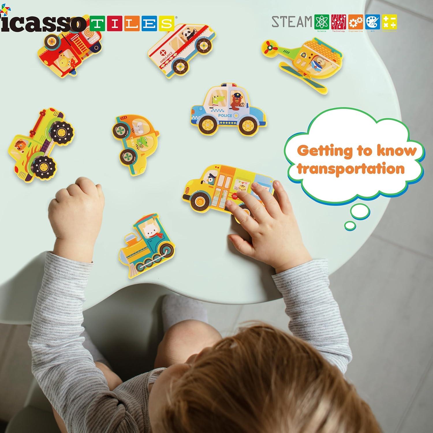 Picasso-TILES 8 PC Metro City Vehicle Themed, Magnetic Tiles, Building Blocks, STEM Toys for Kids 3+