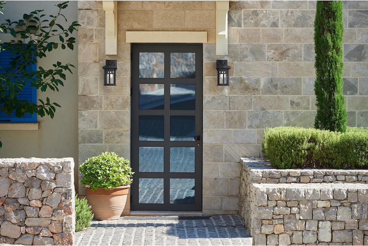 Textured Black Craftsman Outdoor Wall Sconce with Seeded Glass